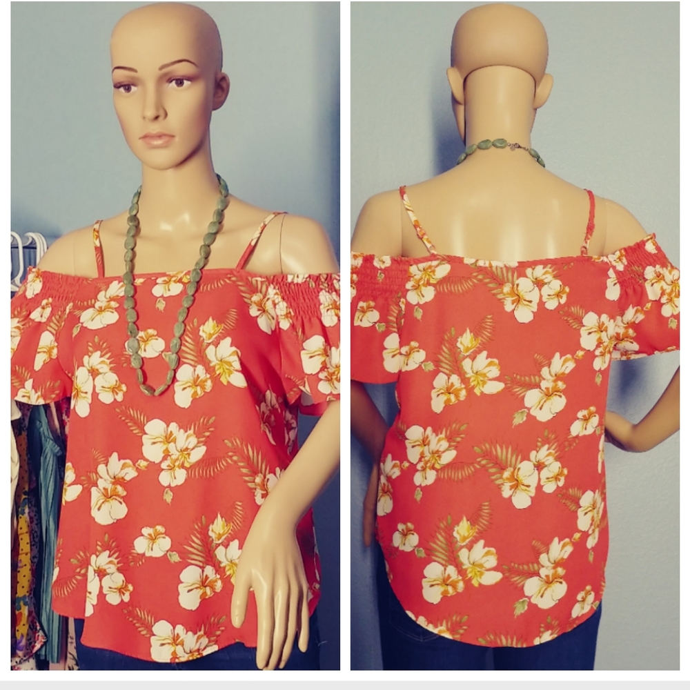 Paper Crane Tropical/Hawaiian print cold shoulder